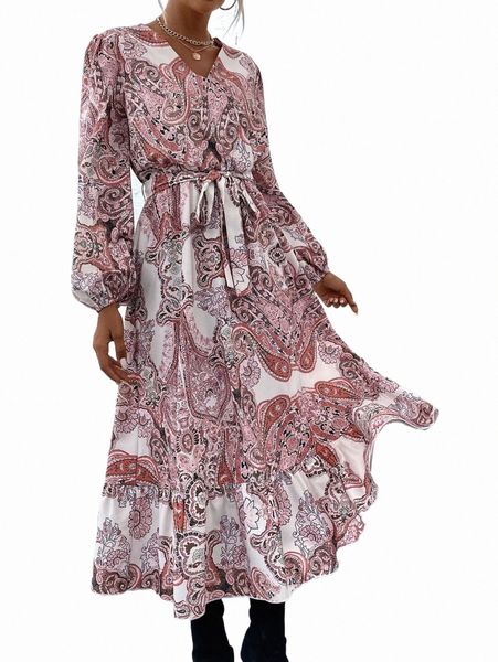 

casual dresses paisley print lantern sleeve belted dress x0px#, Black;gray