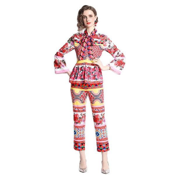 

2022 sweet cute pant set print two piece designer sets women long sleeve bow and casual trousers spring autumn woman fashion suit office la, White