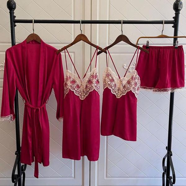 

patchwork lace womens sleepwear satin pajamas suit women loungewear home, Black;red