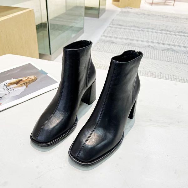 

2022high heeled boots designer soft cowhide autumn winter coarse heel women shoes 100% real leather zipper fashion metal buckle lady heels 6, Black