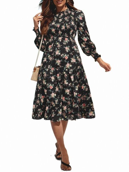 

casual dresses floral print shirred ruffle hem dress e53s#, Black;gray