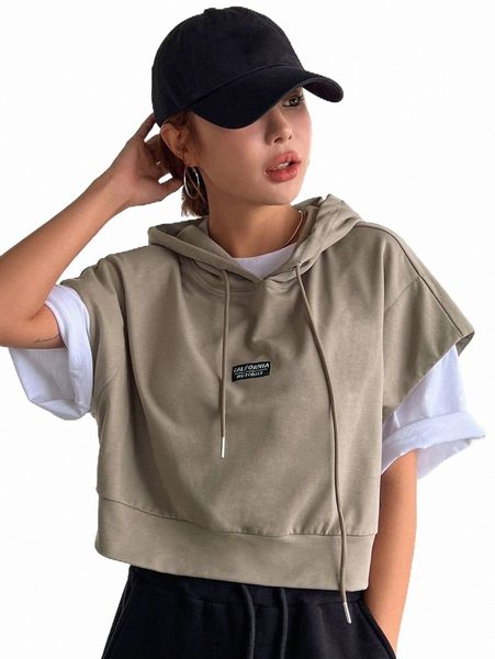 

women's hoodies & sweatshirts dazy patched detail drawstring sleeveless hoodie without tee v8wm#, Black