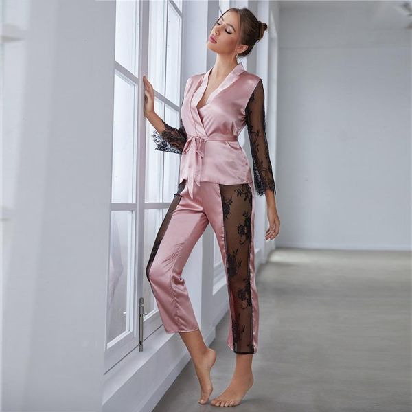 

womens pajamas set v neck design lace sleepwear silk satin home clothes belted, Black;red