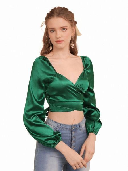 

women's blouses & shirts mod lantern sleeve tie back satin u9oe#, White