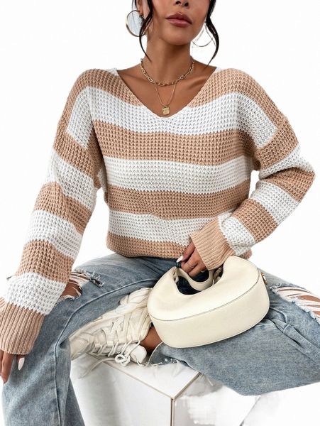 

women's sweaters block striped drop shoulder sweater n80b#, White;black