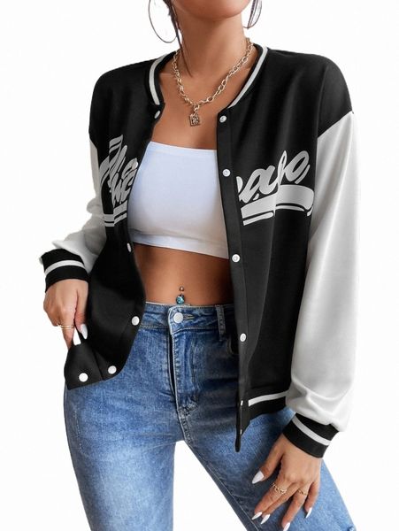 

women's jackets letter graphic drop shoulder varsity jacket 24tv#, Black;brown