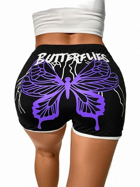 

women's shorts butterfly print drawstring waist contrast binding shorts f5y2#, White;black