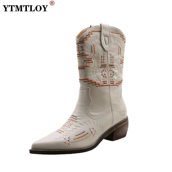 

boots brand embroidered western cowboy for women square med heels pointy toe knee boot shoe 220902, Black