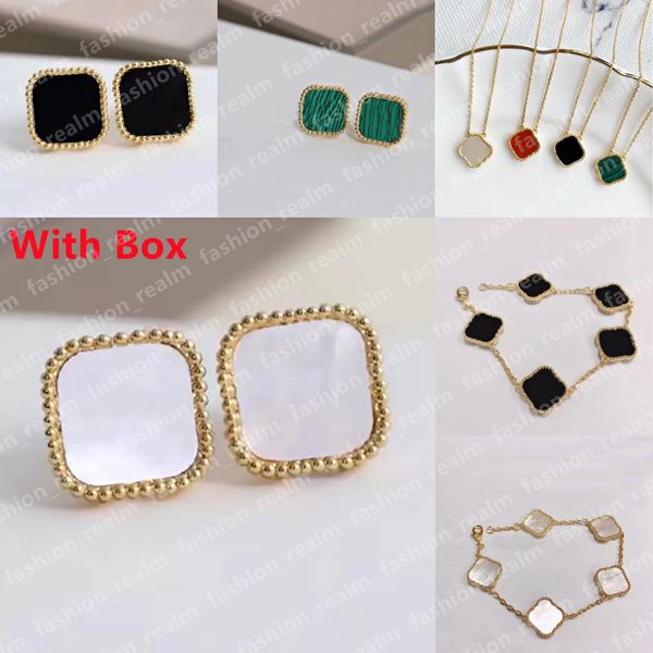 

four leaf clover earrings stud designer jewelry set luxury pendant necklace link chain bracelet gold silver mother of pearl green flower ear, Golden;silver