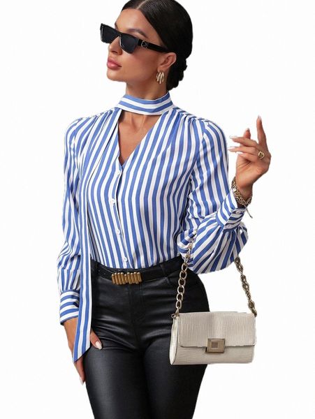 

women's blouses & shirts striped print tie neck shirt c2gv#, White