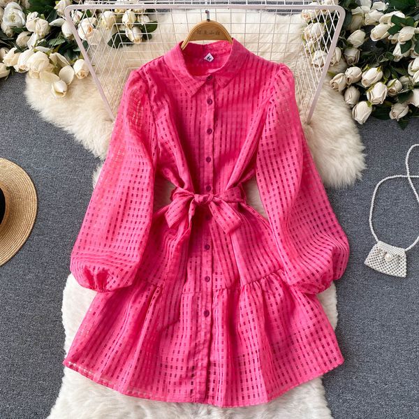 

new casual summer solid slim full lady dress a line turndown collar chiffon button single breasted women dresses 2023, Black;gray