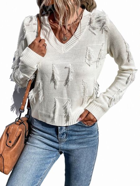 

women's sweaters fringe trim v neck sweater 2022 new d6qu#, White;black