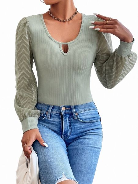 

women's t-shirt keyhole neckline bishop sleeve tee 82ib#, White