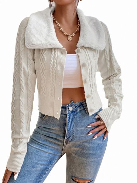 

women's sweaters contrast borg collar cable knit cardigan a6vg#, White;black