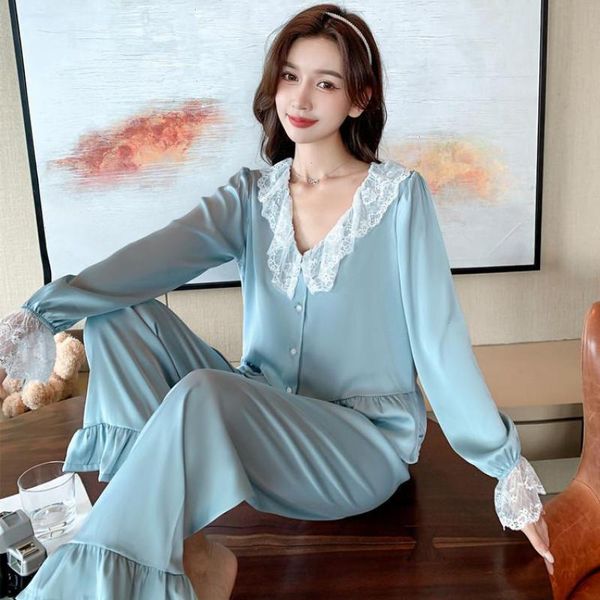 

spring pajamas sleepwears suit long sleeve women lace sleep set intimate, Black;red