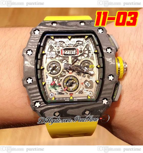 

2022 11-03 a21j automatic mens watch carbon fiber case black skeleton dial big date yellow crown rubber strap 8 styles watches puretime d4, Slivery;brown