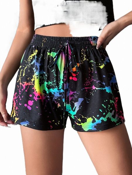 

women's shorts splash ink print tie waist shorts k71q#, White;black