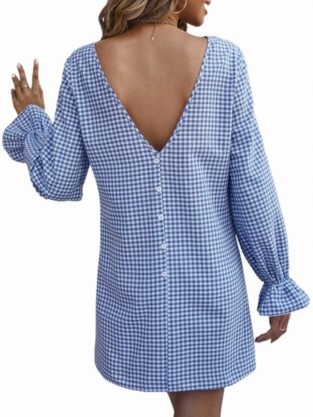 

casual dresses gingham print backless flounce sleeve dress c7br#, Black;gray