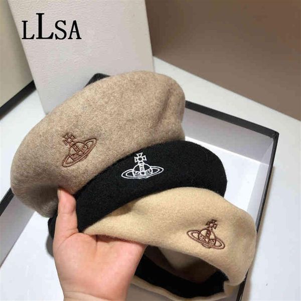 

japan vivi queen mother saturn embroidery wool beret korea winter keep warm felt hat kawaii vintage cap designer brand woman hat261o, Blue;gray