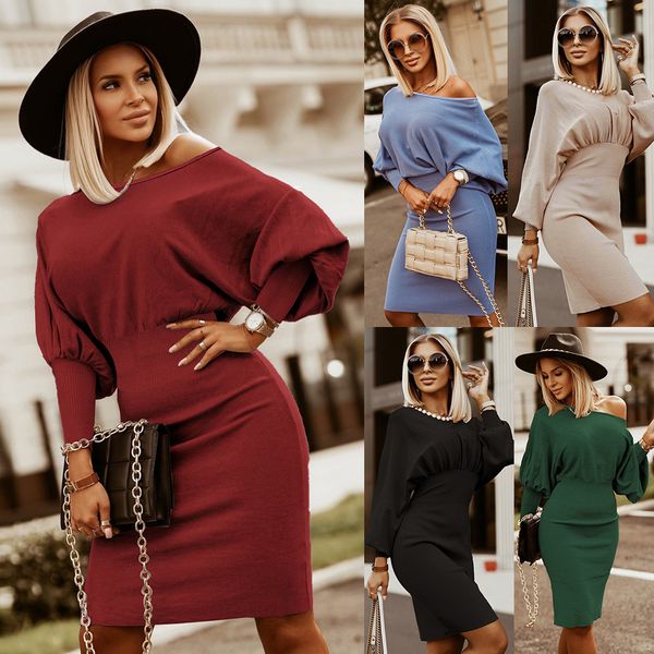 

casual dresses solid color slim fit temperament dress large size knitted dolman sleeve skirt autumn and winter, Black;gray