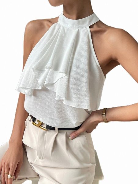

women's tanks & camis solid ruffle trim halter k2uf#, White