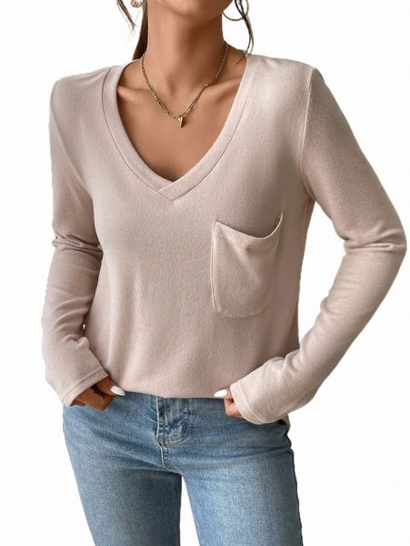 

women's t-shirt patched pocket v neck tee 2022 new o8vy#, White