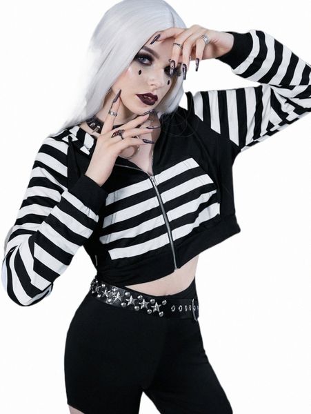 

women's hoodies & sweatshirts striped zip up crop hoodie g06n#, Black