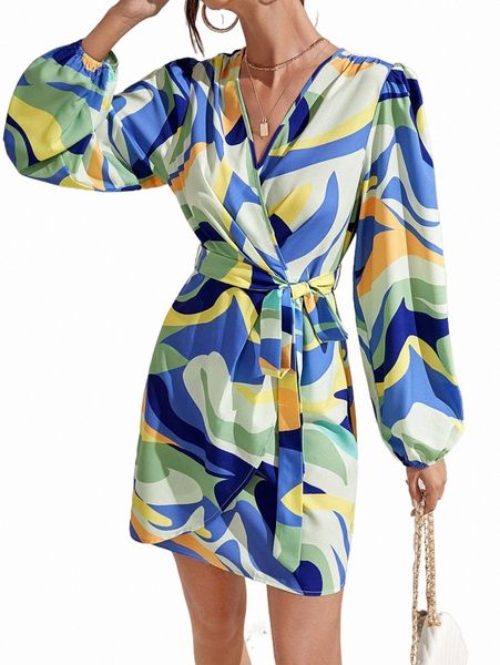 

casual dresses geo print lantern sleeve belted dress n2id#, Black;gray