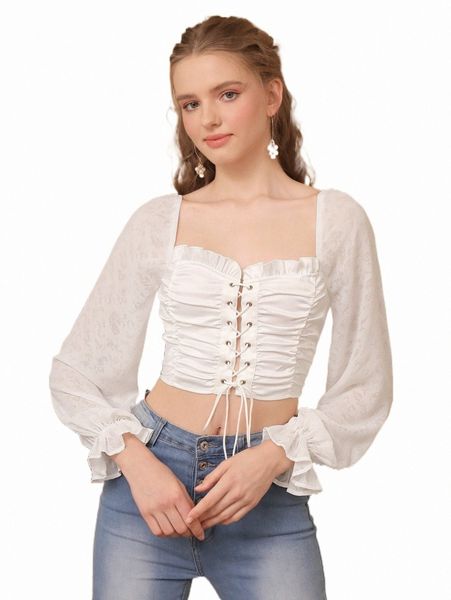 

women's blouses & shirts mod lace up front ruched bust crop t3r1#, White