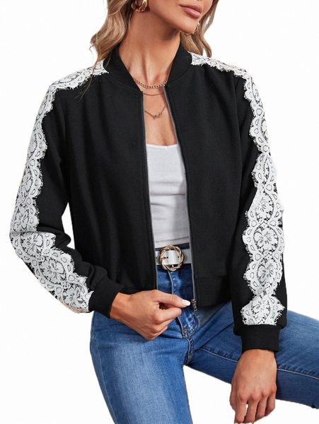 

women's jackets guipure lace insert bomber jacket s8tx#, Black;brown