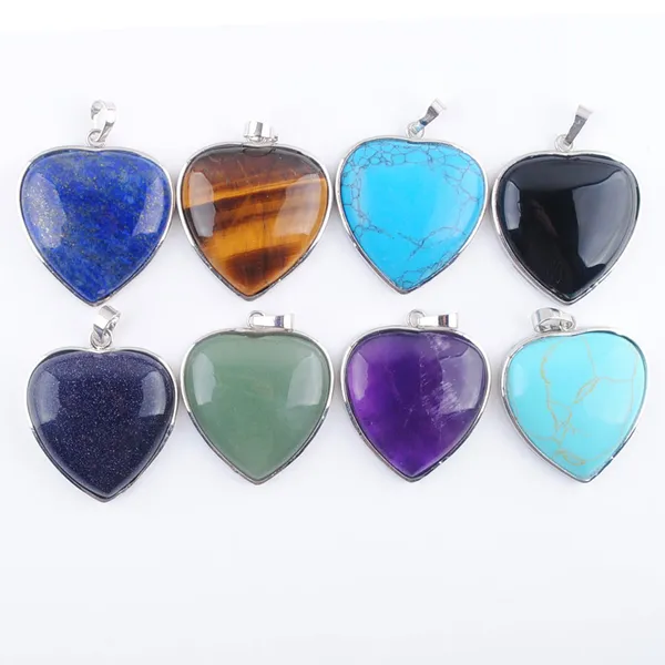 

dangle stone pendant heart love reiki healing natural bead amethysts rose quartzs opal crystal agates lapis bn318, Silver