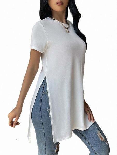 

women's t-shirt split hem longline tee 2022 new x0nd#, White