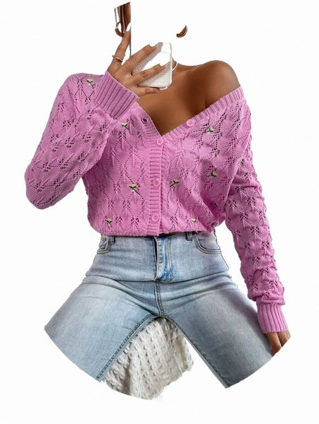 

women's sweaters floral embroidery pointelle knit cardigan g2vo#, White;black