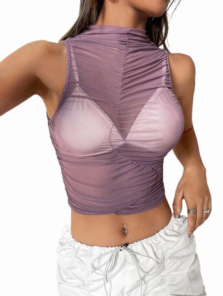 

women's tanks & camis ruched crop sheer tank without bra 36ma#, White
