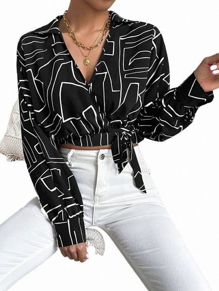 

women's blouses & shirts allover print knot front crop blouse u2zz#, White