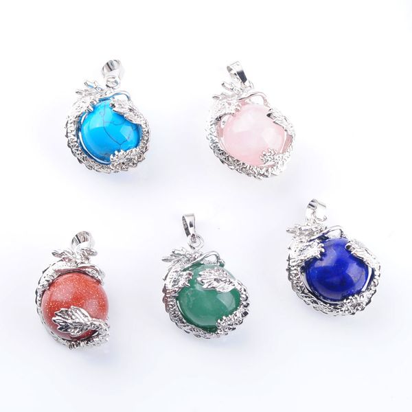 

natural stone pendants charm round ball 16mm bead dragon reiki chakra healing dangle amulet jewelry bn311, Silver
