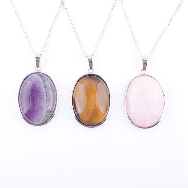 

natural stone dangle pendants oval bead for necklace jewelry making amethysts tigers eye agates opal jewelry gift chain 45cm bn319, Silver
