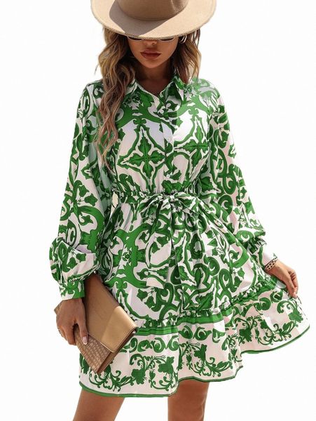 

casual dresses allover print belted ruffle hem shirt dress w12p#, Black;gray