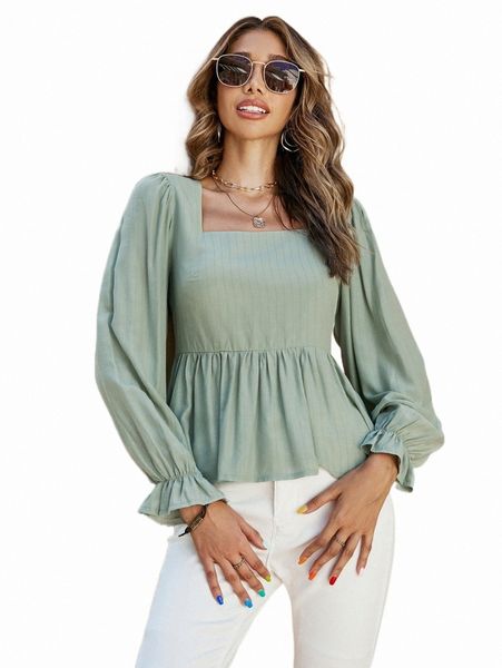 

women's blouses & shirts square neck flounce sleeve peplum blouse r0ik#, White