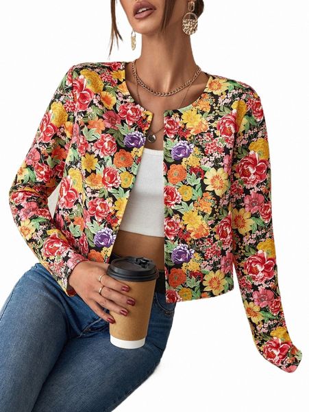 

women's jackets floral print open front crop jacket 30kh#, Black;brown