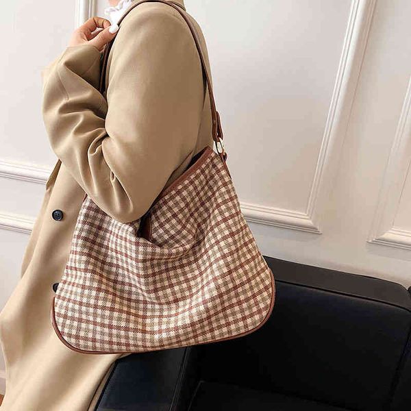 

bags bag women's simple large capacity one shoulder armpit bag new winter brown cotton hemp soft face grid tote purses