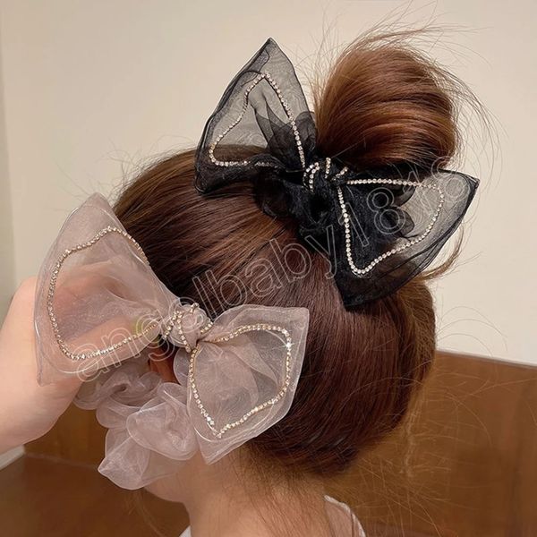 

summer organza bow scrunchies women elastic hair band korean elegant ponytail holder rubber tie hair accessories, Slivery;white