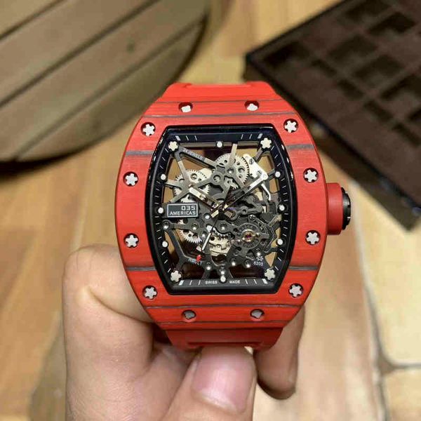 

richa millers automatic mechanical watch 035 red carbon fiber skeleton tourbillon wristwatches gmt clock reloj fashion leisure mens watches, Slivery;brown