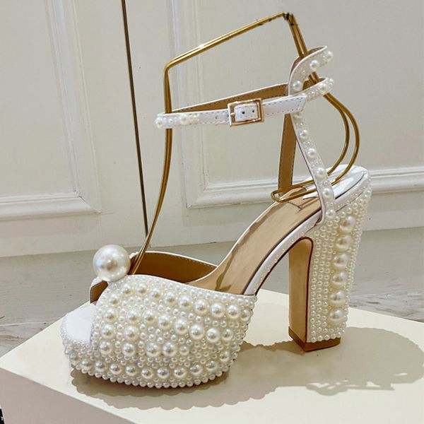 

2021 pearl platform sandals women open toe rhinestone diamond square high heels shoes woman wedding shoes, Black