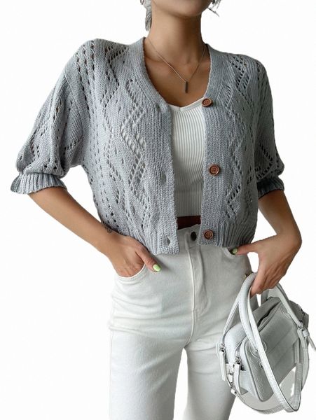 

women's sweaters dazy puff sleeve pointelle knit cardigan n7af#, White;black