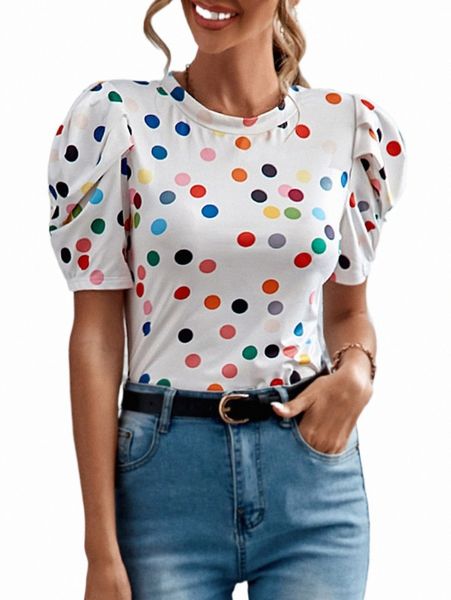 

women's t-shirt polka dot puff sleeve tee 2022 new y9df#, White