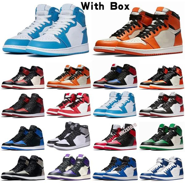 

basket shoes jump 1 1s og high pine green black court purple royal bred toe nc obsidian unc game ball sneakers trainers2423, Black;brown