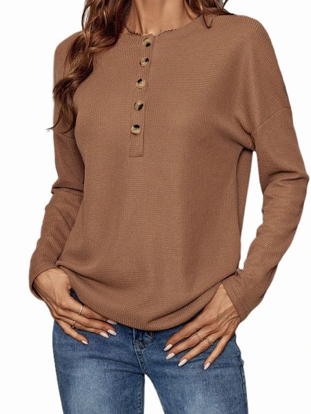 

women's t-shirt solid half button drop shoulder tee n8wz#, White