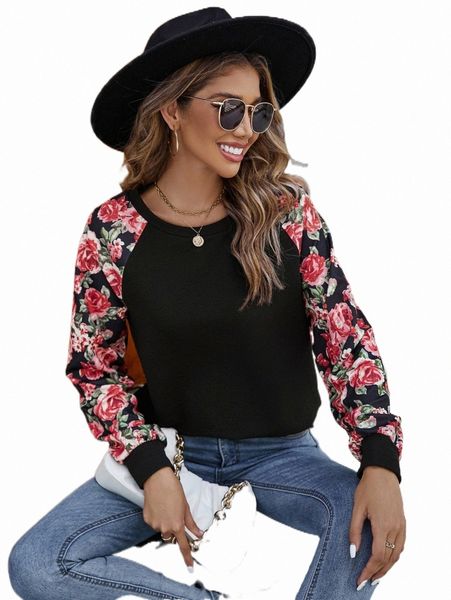 

women's hoodies & sweatshirts floral print raglan sleeve sweatshirt f7dd#, Black