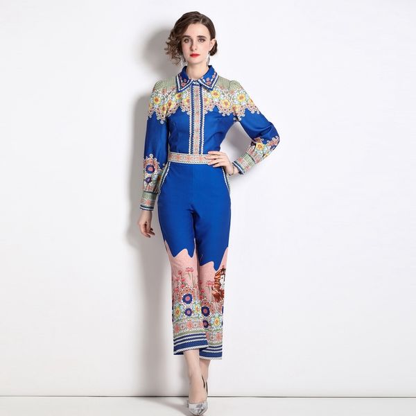 

2022 retro floral blue set designer pant sets women long sleeve button shirt and casual wide leg trousers spring autumn two piece suit offic, White